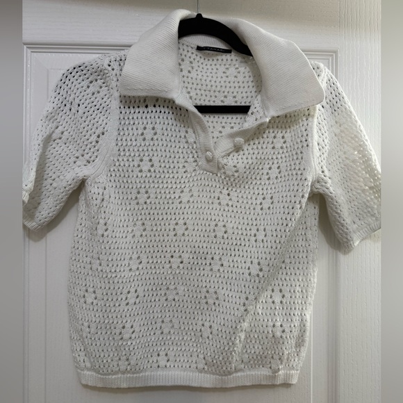 Sweaters - Tahari White Crochet Polo Shirt